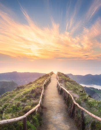 Mountain landscape with hiking trail and view of beautiful lakes Ponta Delgada, Sao Miguel Island, Azores, Portugal.